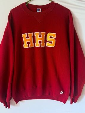 Russell Athletic Maroon Crewneck with Gold 'HHS' Embroidered Letters Vintage 90s